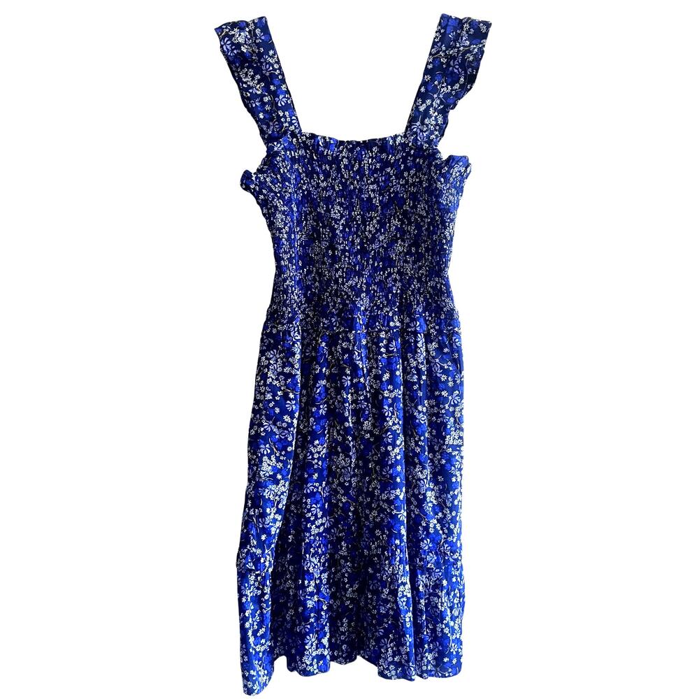 Draper James Blue Floral Smocked Midi Dress w/ Pockets Cottagecore Size Small